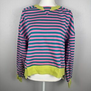 MEROKEETY Women’s S Pink Green Striped Cropped Sweatshirts Oversized Crewneck
